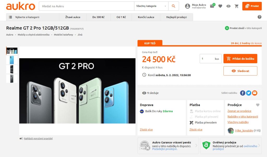 Nabídka Realme GT 2 Pro na Aukro.cz